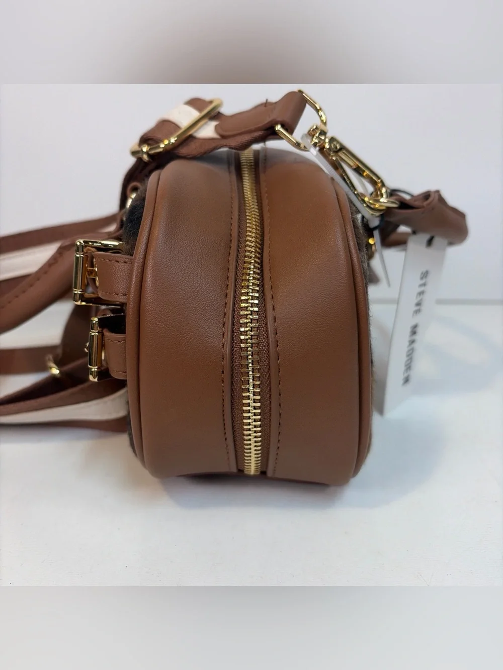 Steve Madden Brown Plaid Blennix Nutshell Crossbody Bag Tassel Dog Charm Fall